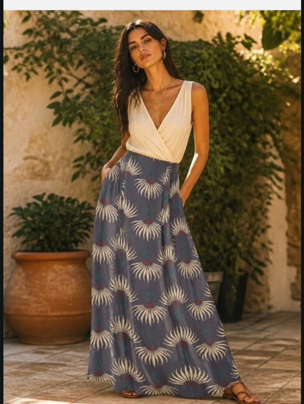 Lulu's Slate Blue Floral Fan Maxi Skirt